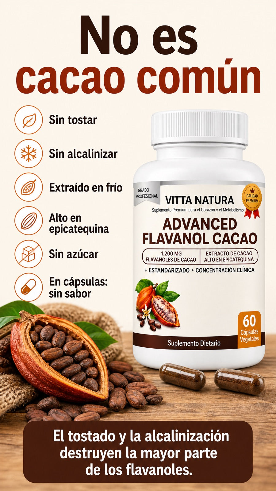 No es cacao común: sin tostar, sin alcalinizar, sin azúcar
