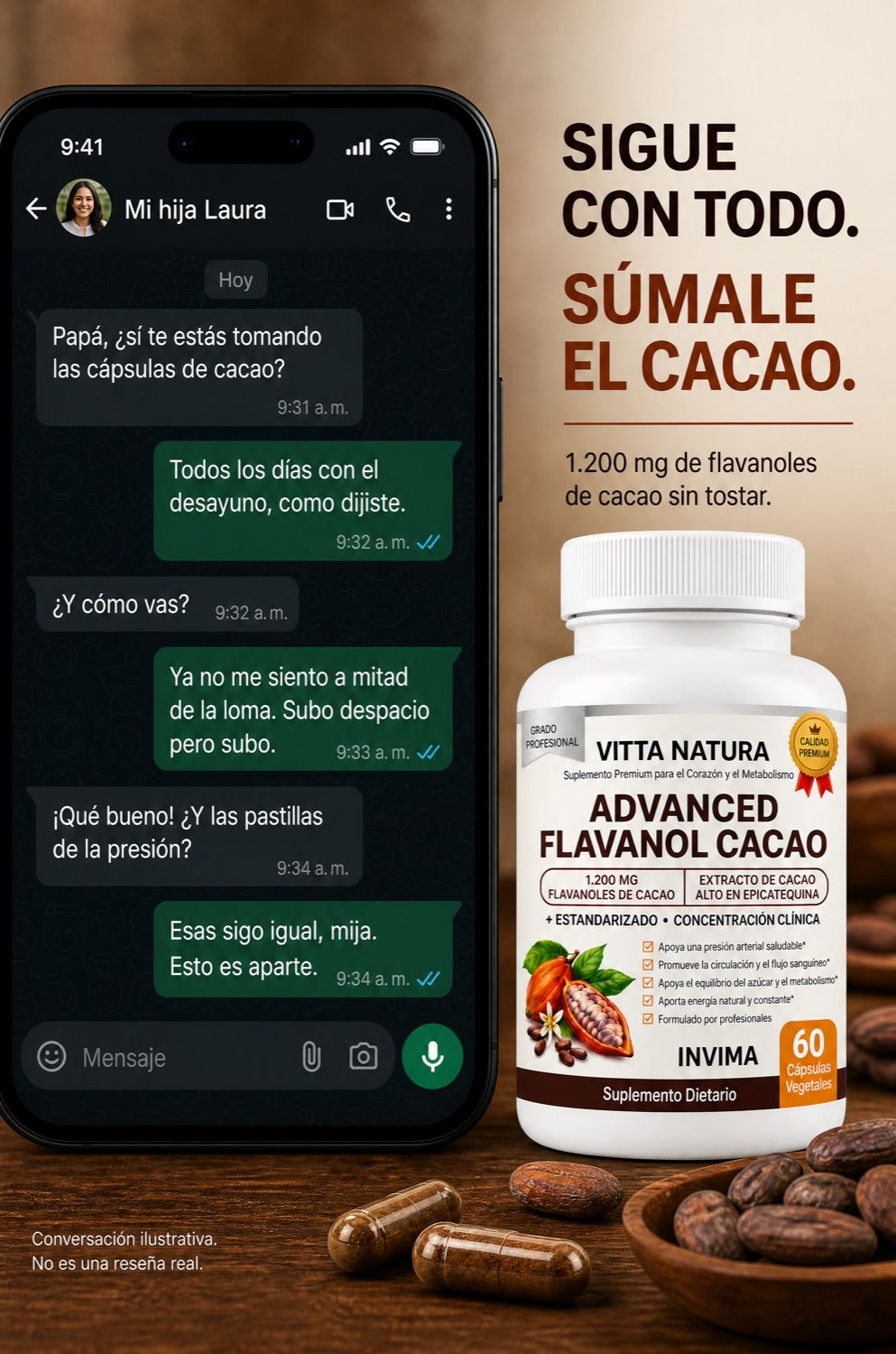 Conversación ilustrativa de WhatsApp sobre Advanced Flavanol Cacao