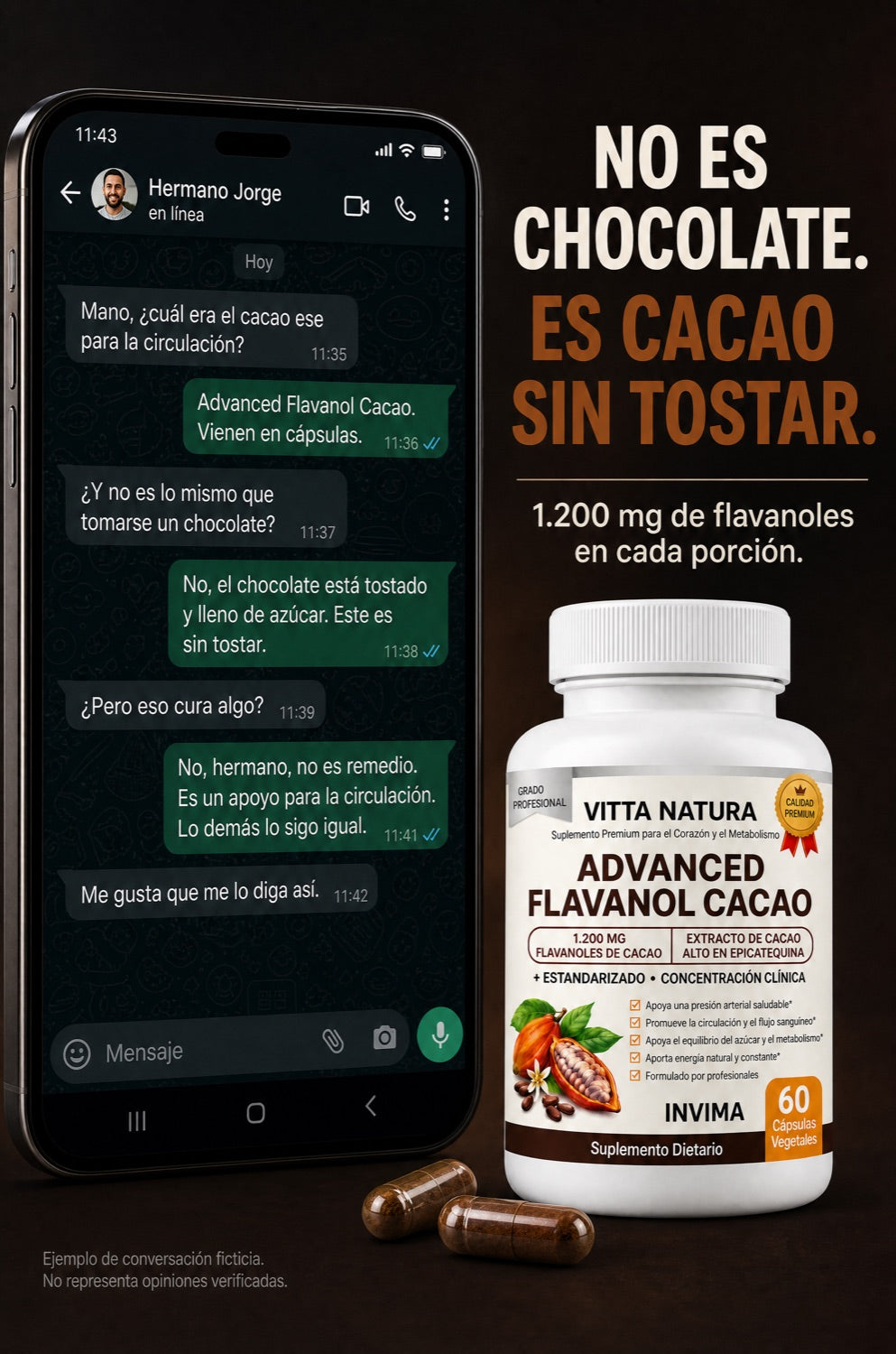 Conversación ilustrativa de WhatsApp sobre Advanced Flavanol Cacao