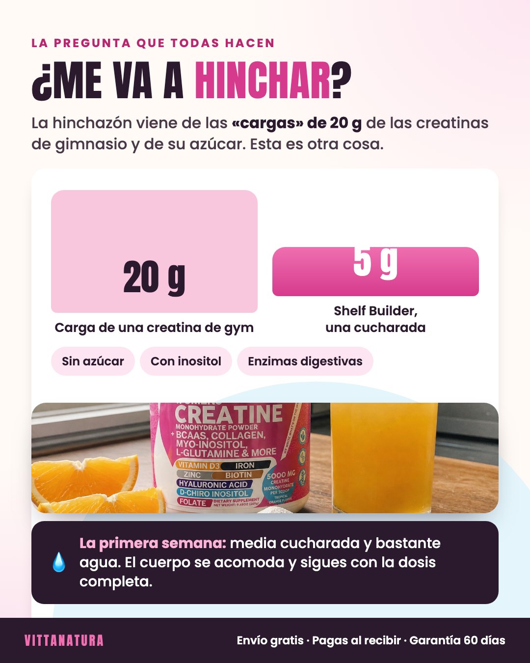 ¿Me va a hinchar? 5 gramos frente a las cargas de 20 gramos de las creatinas de gimnasio, sin azúcar y con inositol