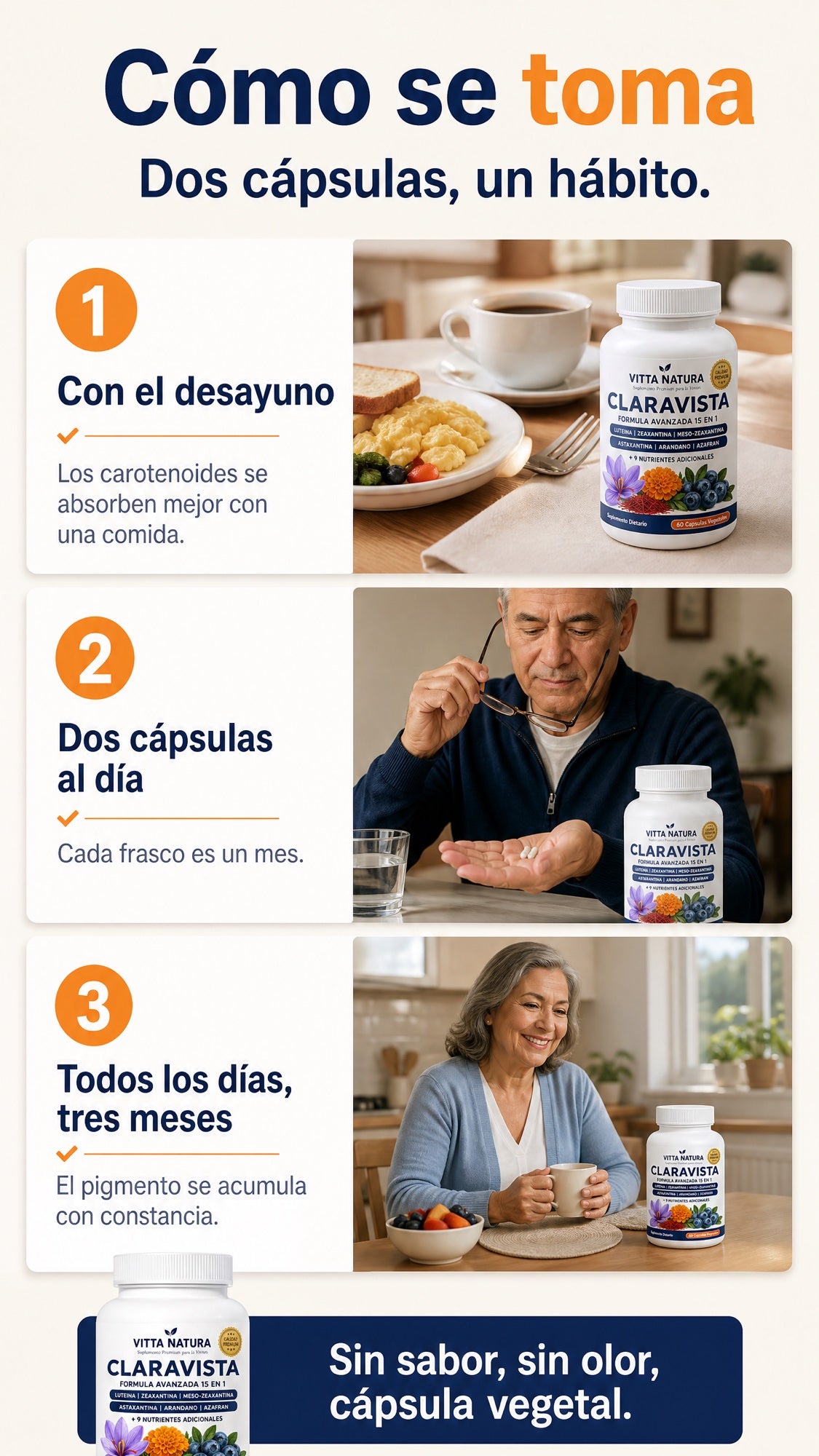 Cómo se toma Claravista: con el desayuno, dos cápsulas al día, tres meses