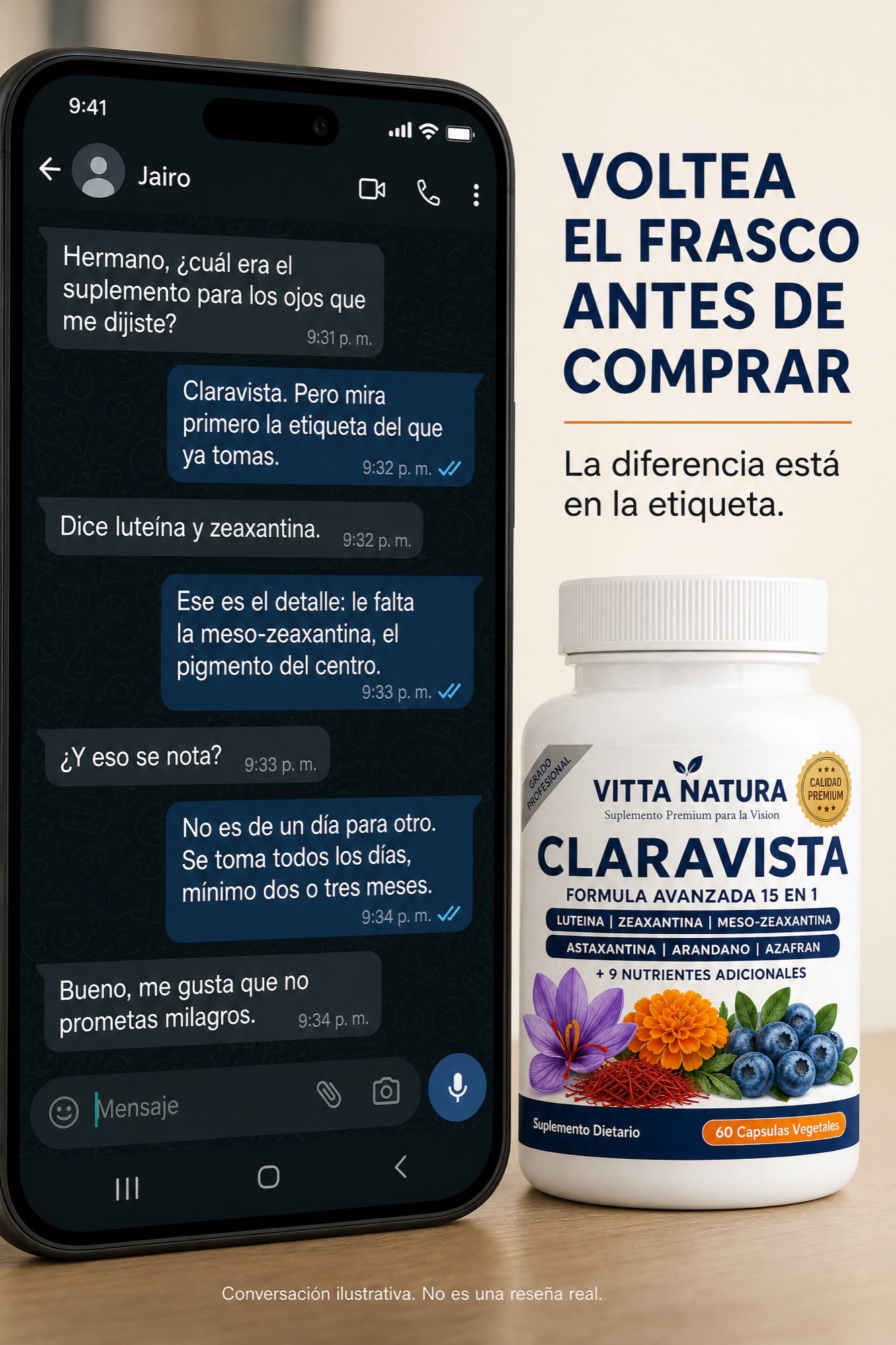 Conversación ilustrativa: voltea el frasco antes de comprar
