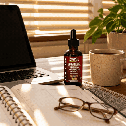 Gluco Tone en el escritorio con la luz de las 3 de la tarde