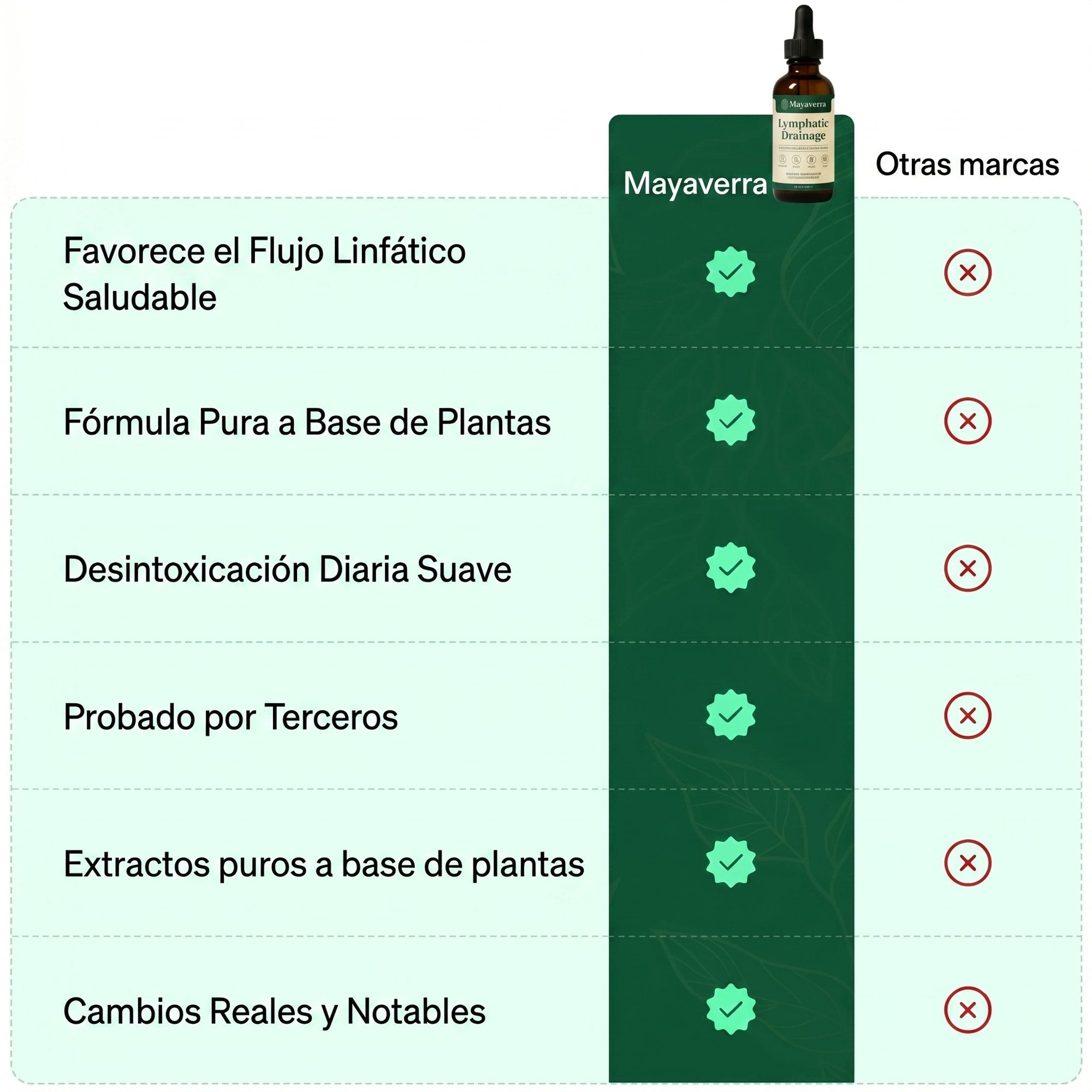 Mayaverra frente a otras marcas: favorece el flujo linfático, fórmula pura a base de plantas, desintoxicación diaria suave, probado por terceros, extractos puros, cambios reales y notables