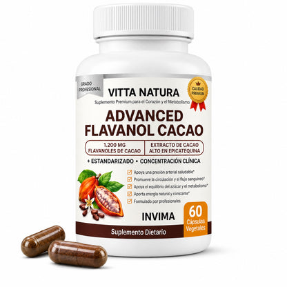 Frasco de Advanced Flavanol Cacao de Vitta Natura con dos cápsulas