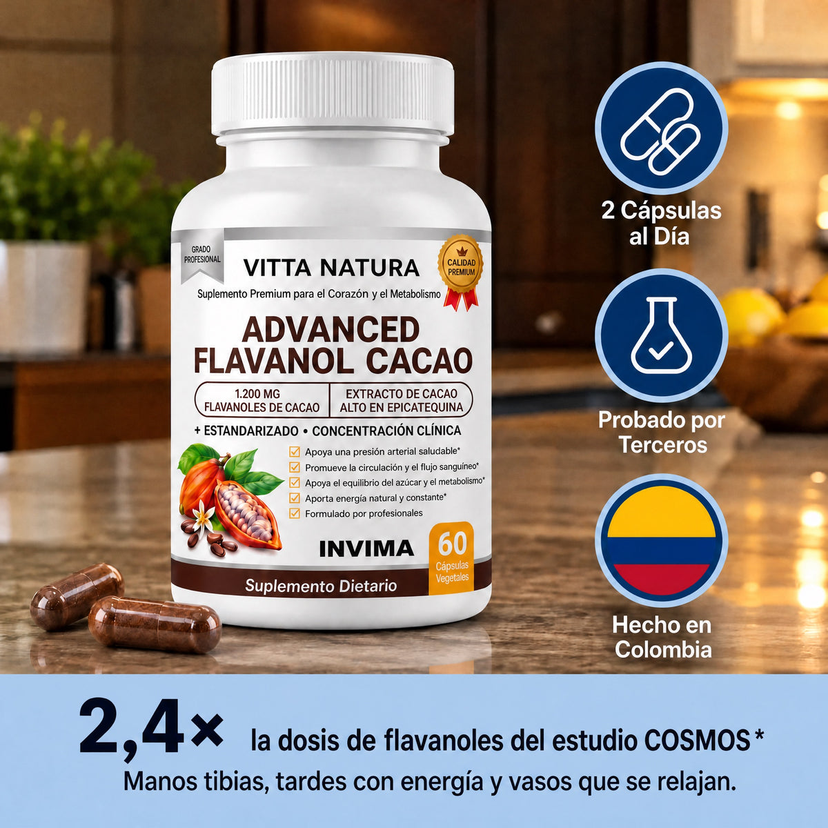 Advanced Flavanol Cacao: 1.200 mg de flavanoles de cacao, 2,4 veces la dosis del estudio COSMOS