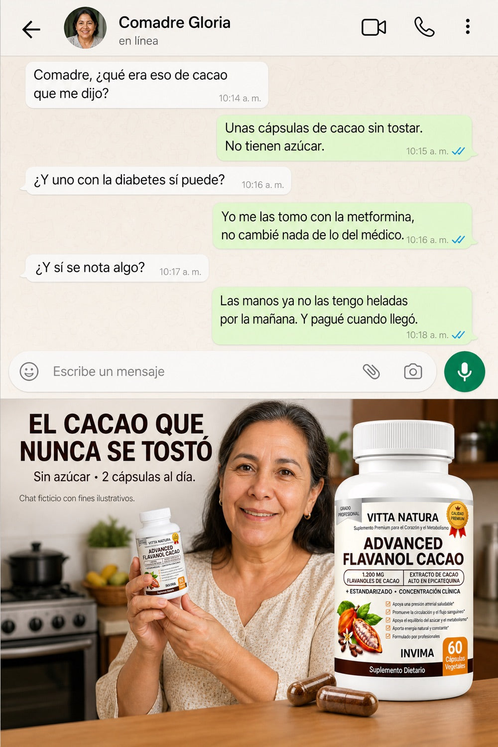 Conversación ilustrativa de WhatsApp sobre Advanced Flavanol Cacao