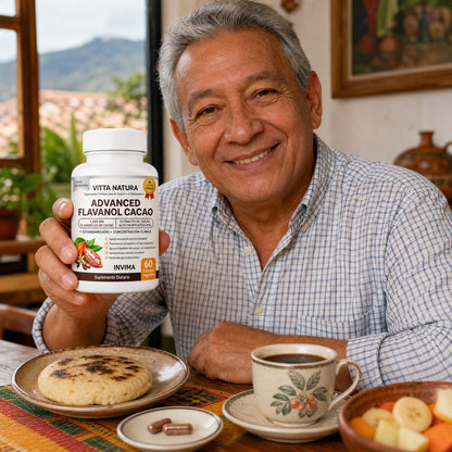Hombre colombiano con el frasco de Advanced Flavanol Cacao en el desayuno