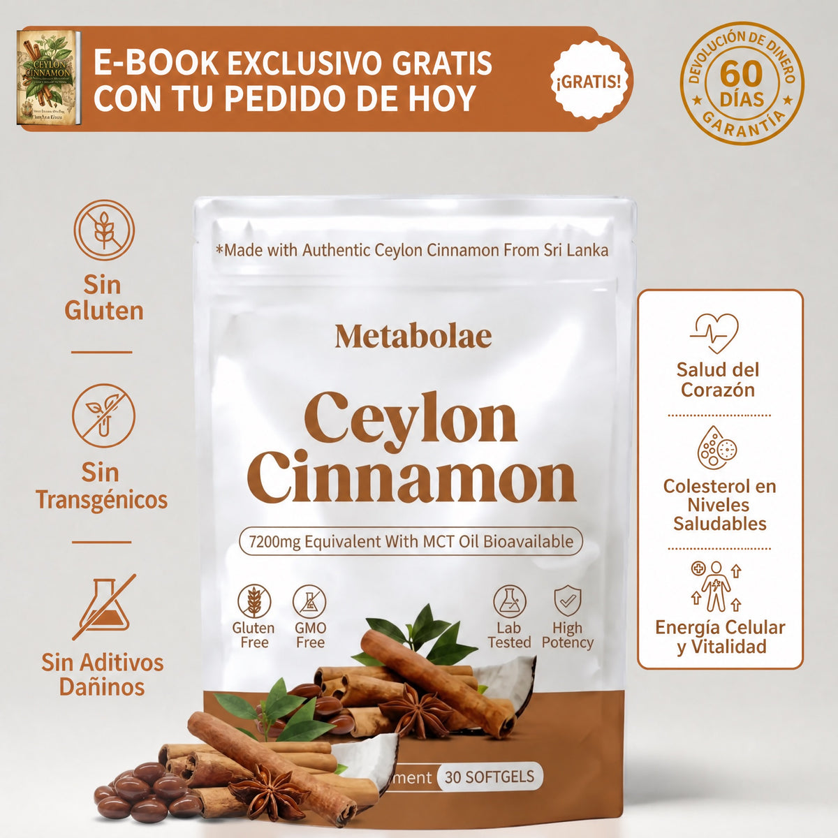 Canela de Ceylán 7.200 mg con aceite MCT: bolsa Metabolae con e-book exclusivo gratis y garantía de 60 días