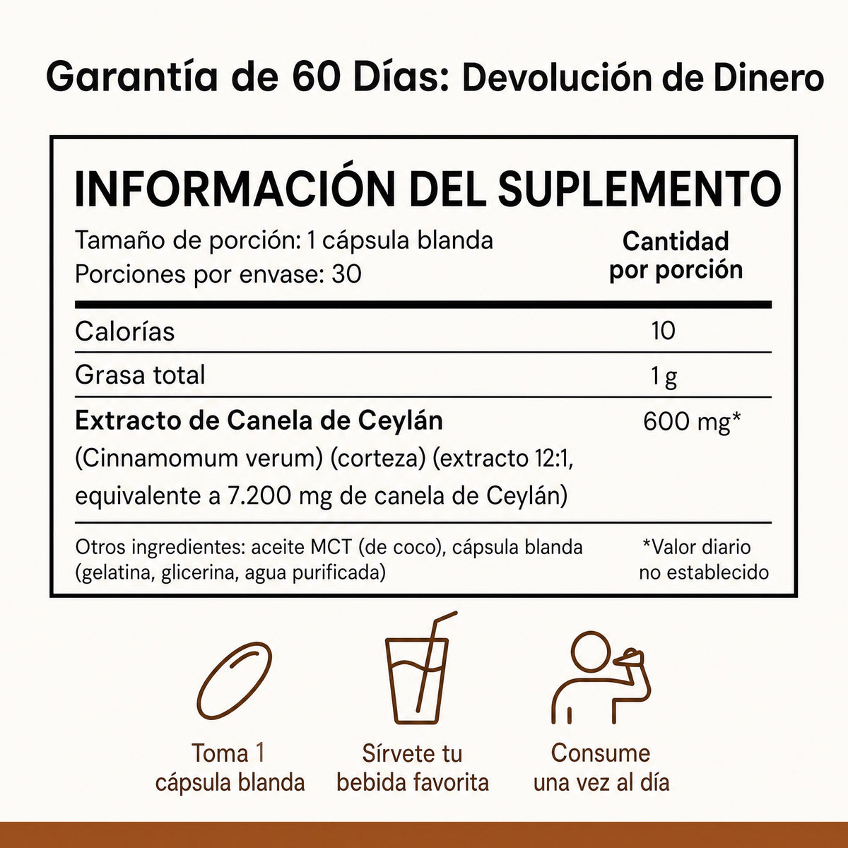 Información del suplemento y garantía de 60 días