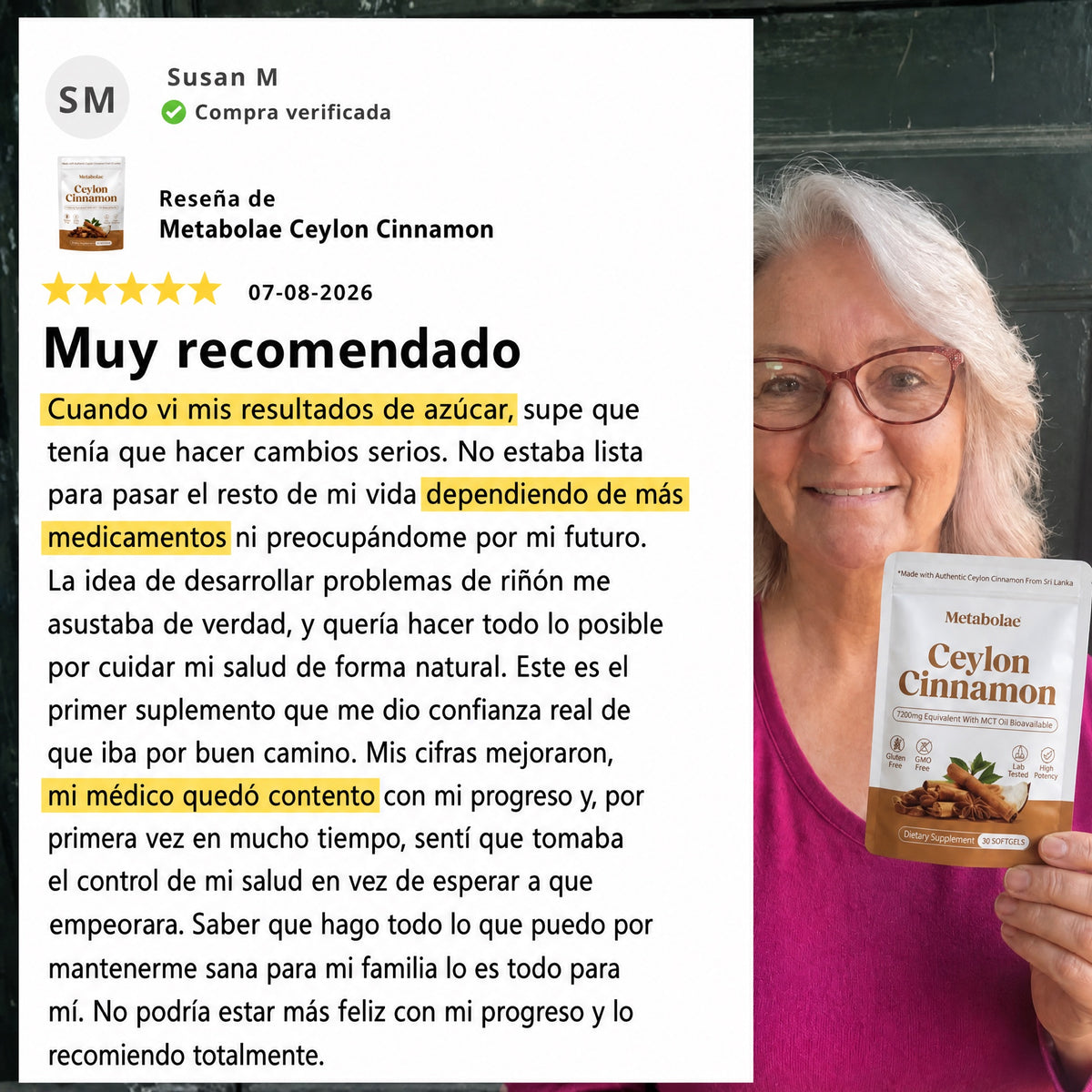 Reseña de Susan M., clienta de Metabolae en Estados Unidos