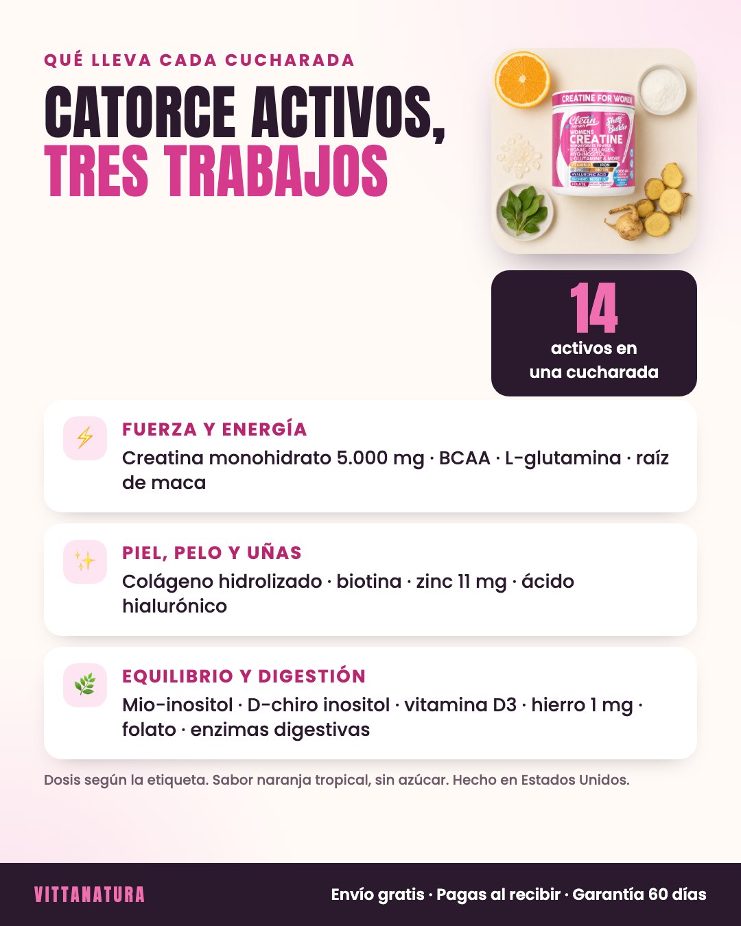 Catorce activos, tres trabajos: fuerza y energía, piel pelo y uñas, equilibrio y digestión