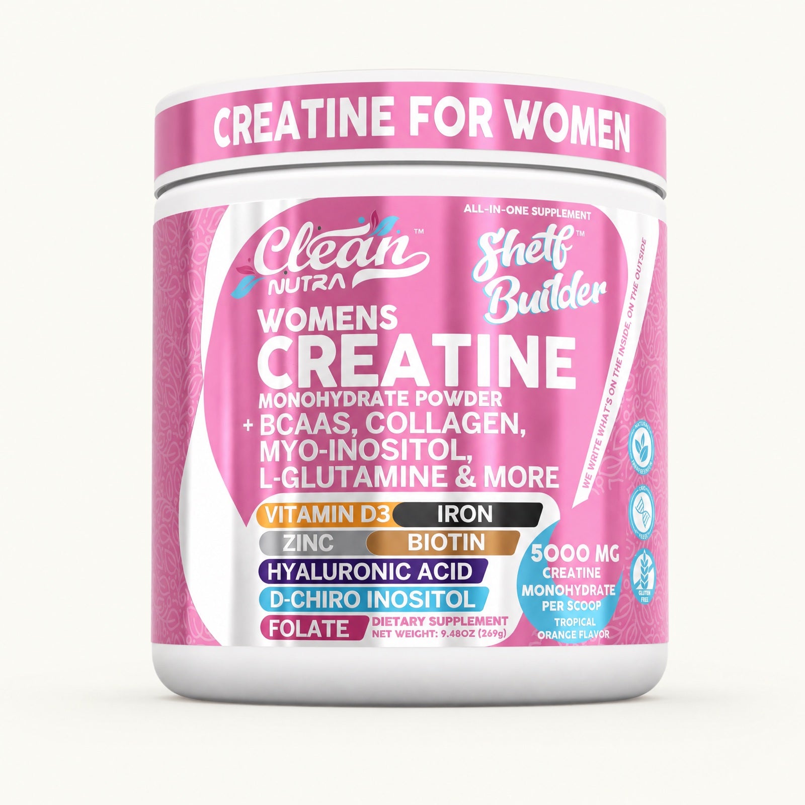 Creatina para mujer Shelf Builder de Clean Nutra, frasco de 30 porciones