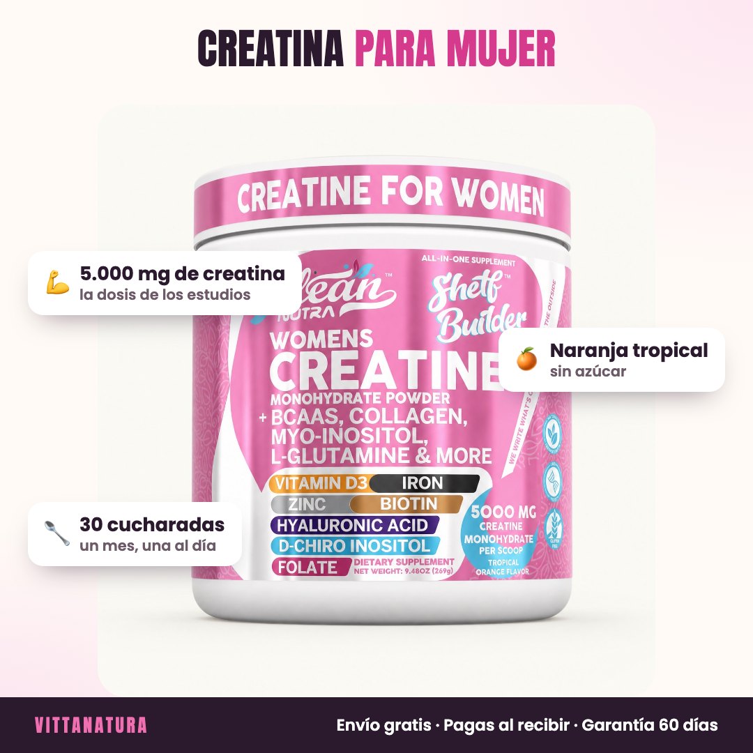Creatina para mujer Shelf Builder: 5.000 mg de creatina, naranja tropical sin azúcar, 30 cucharadas