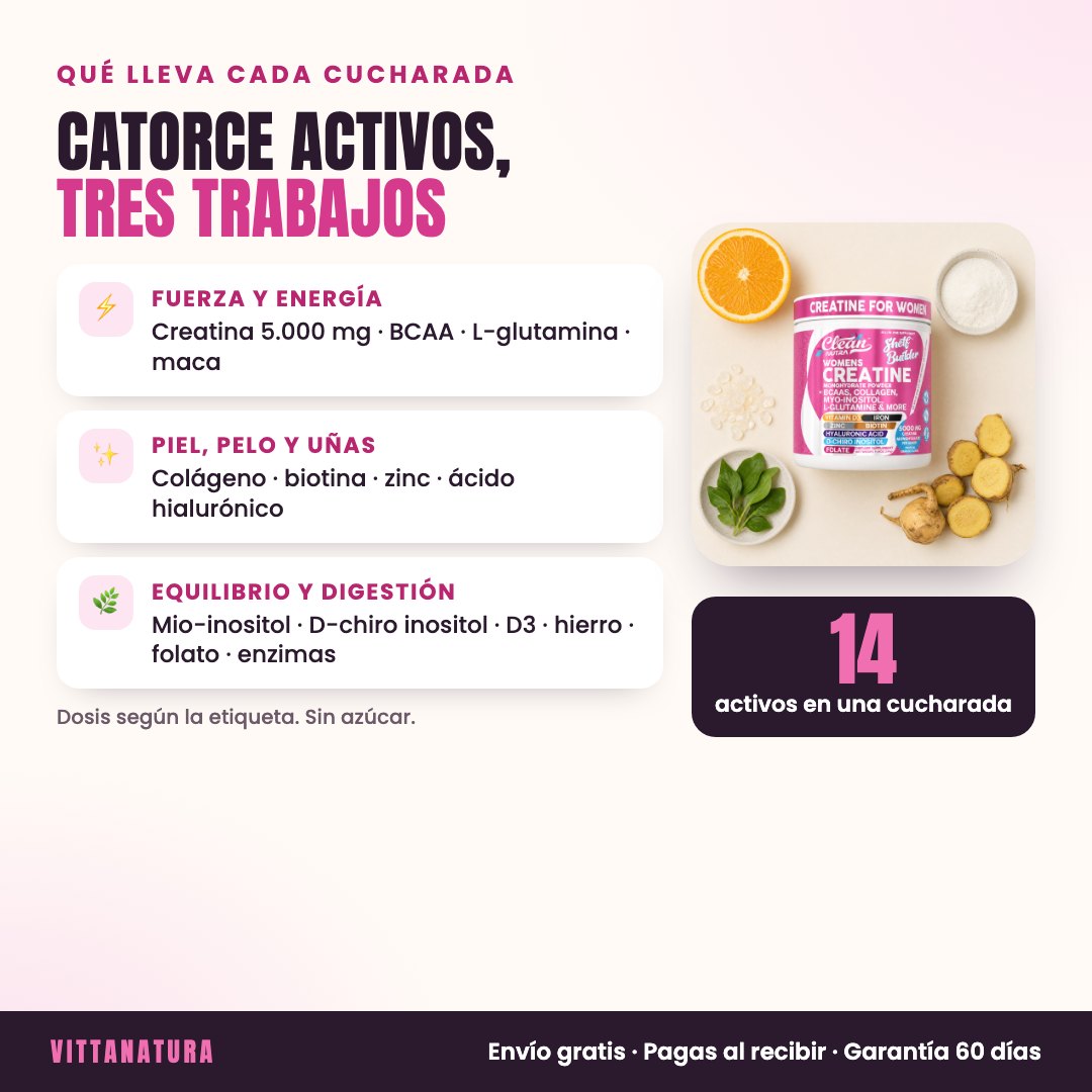 Catorce activos en una cucharada de creatina Shelf Builder, en tres grupos