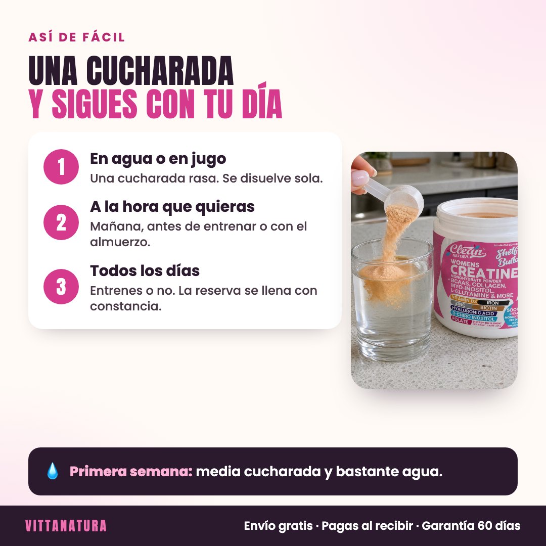 Cómo se toma la creatina Shelf Builder: una cucharada en agua o jugo, a la hora que quieras, todos los días