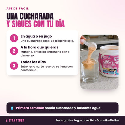 Cómo se toma la creatina Shelf Builder: una cucharada en agua o jugo, a la hora que quieras, todos los días