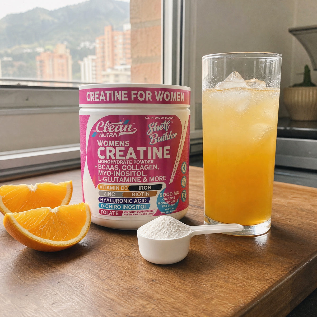 Creatina Shelf Builder en la cocina con un vaso de jugo de naranja y la cucharada
