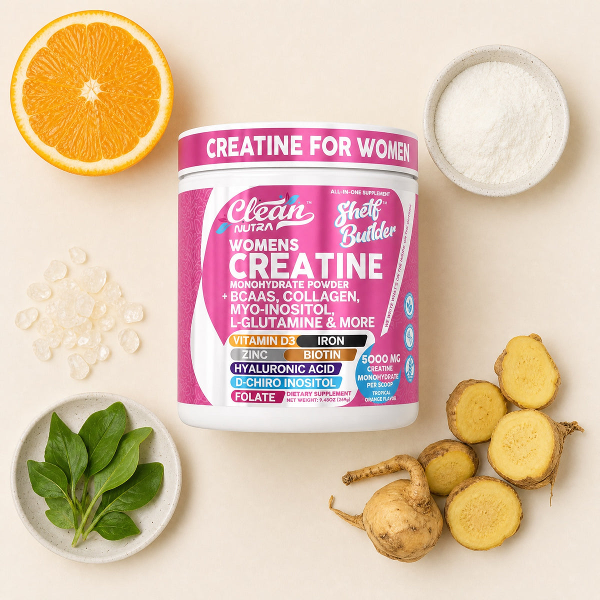 Ingredientes de la creatina Shelf Builder: naranja, colágeno, maca y hierbas