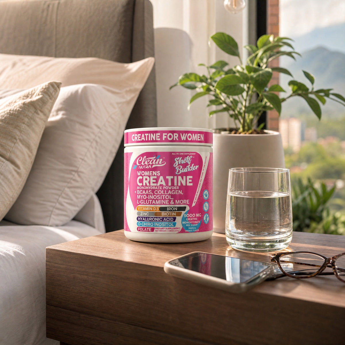 Creatina Shelf Builder en la mesita de noche junto a un vaso de agua