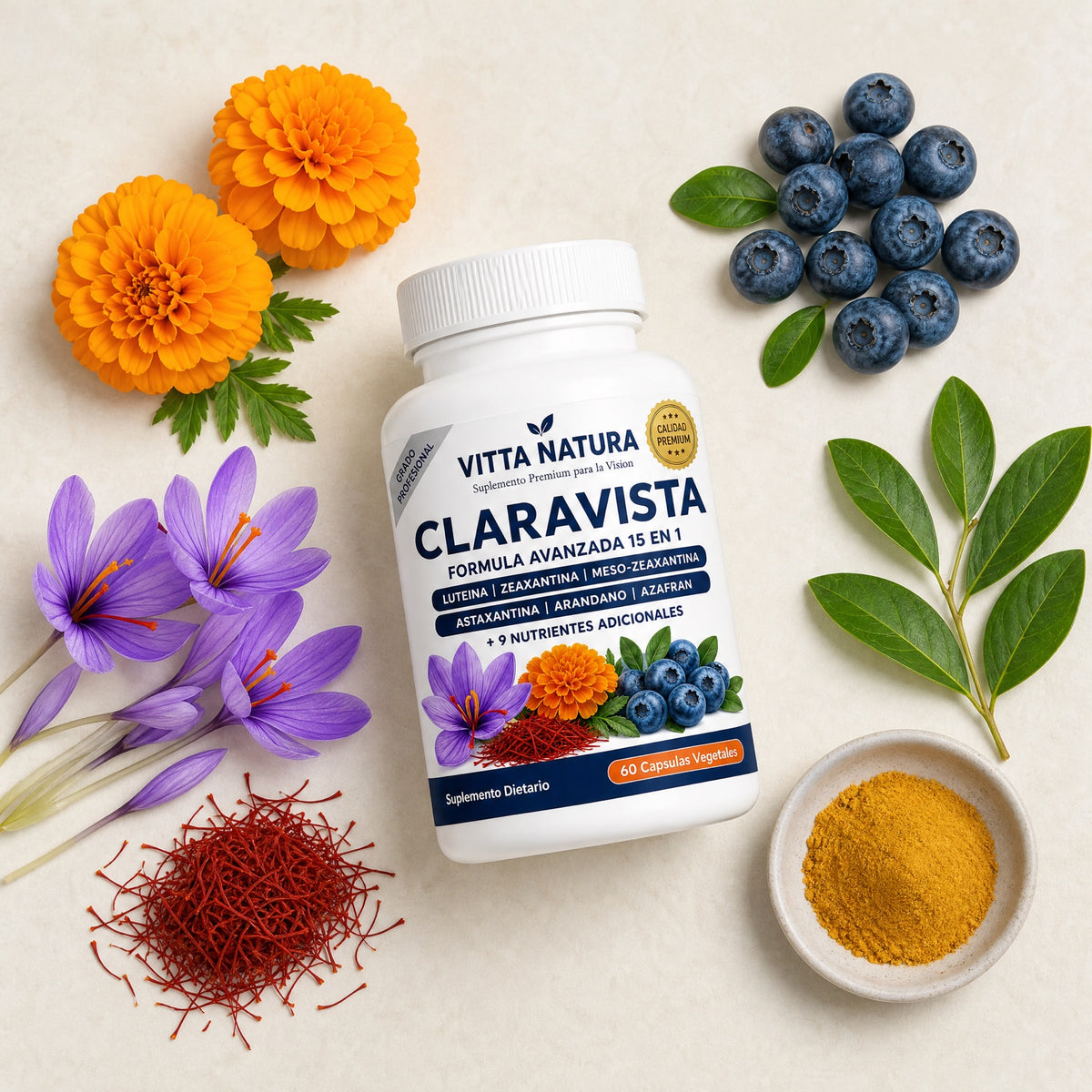 Frasco de Claravista rodeado de caléndula, azafrán y arándanos