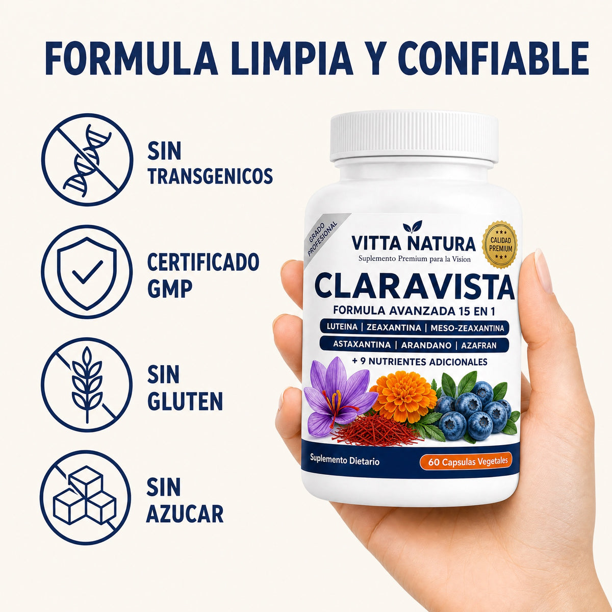 Claravista, fórmula limpia: sin transgénicos, certificado GMP, sin gluten y sin azúcar