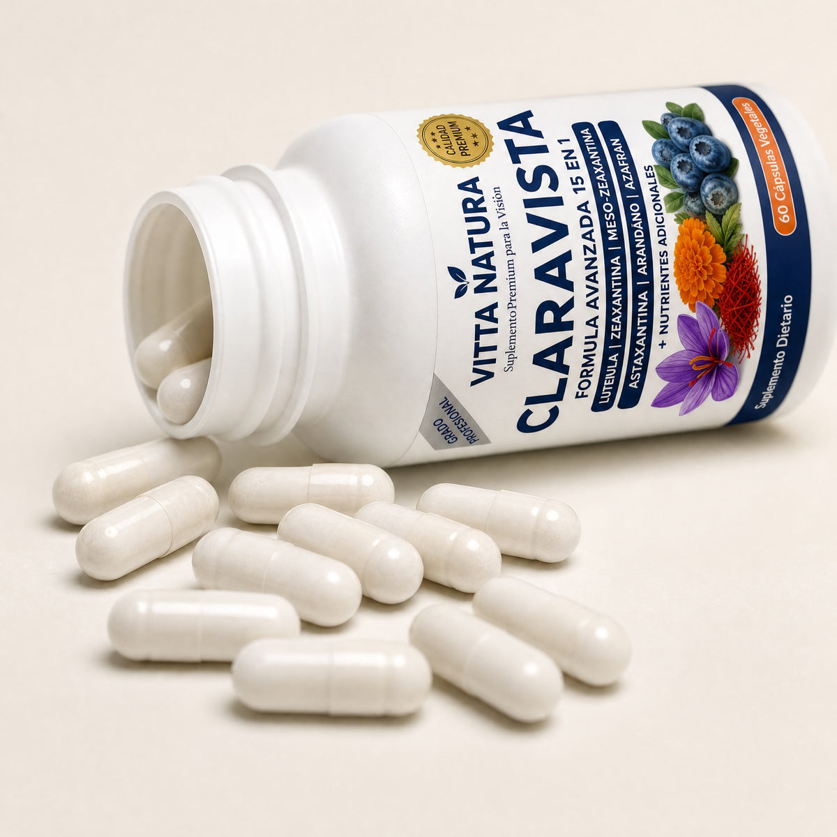 Cápsulas vegetales de Claravista junto al frasco abierto