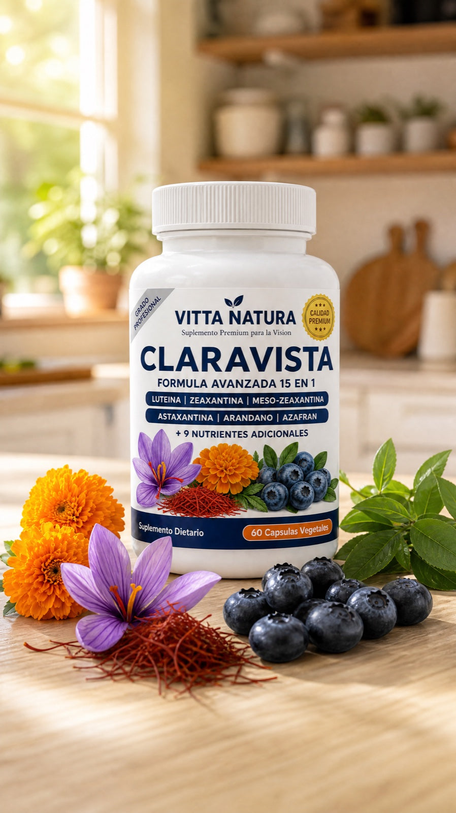 Frasco de Claravista sobre mesa de madera con los ingredientes naturales