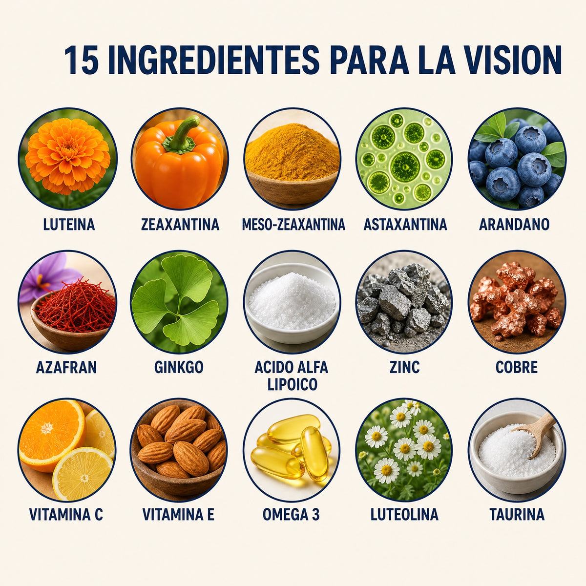 Los 15 ingredientes de Claravista con su fuente natural