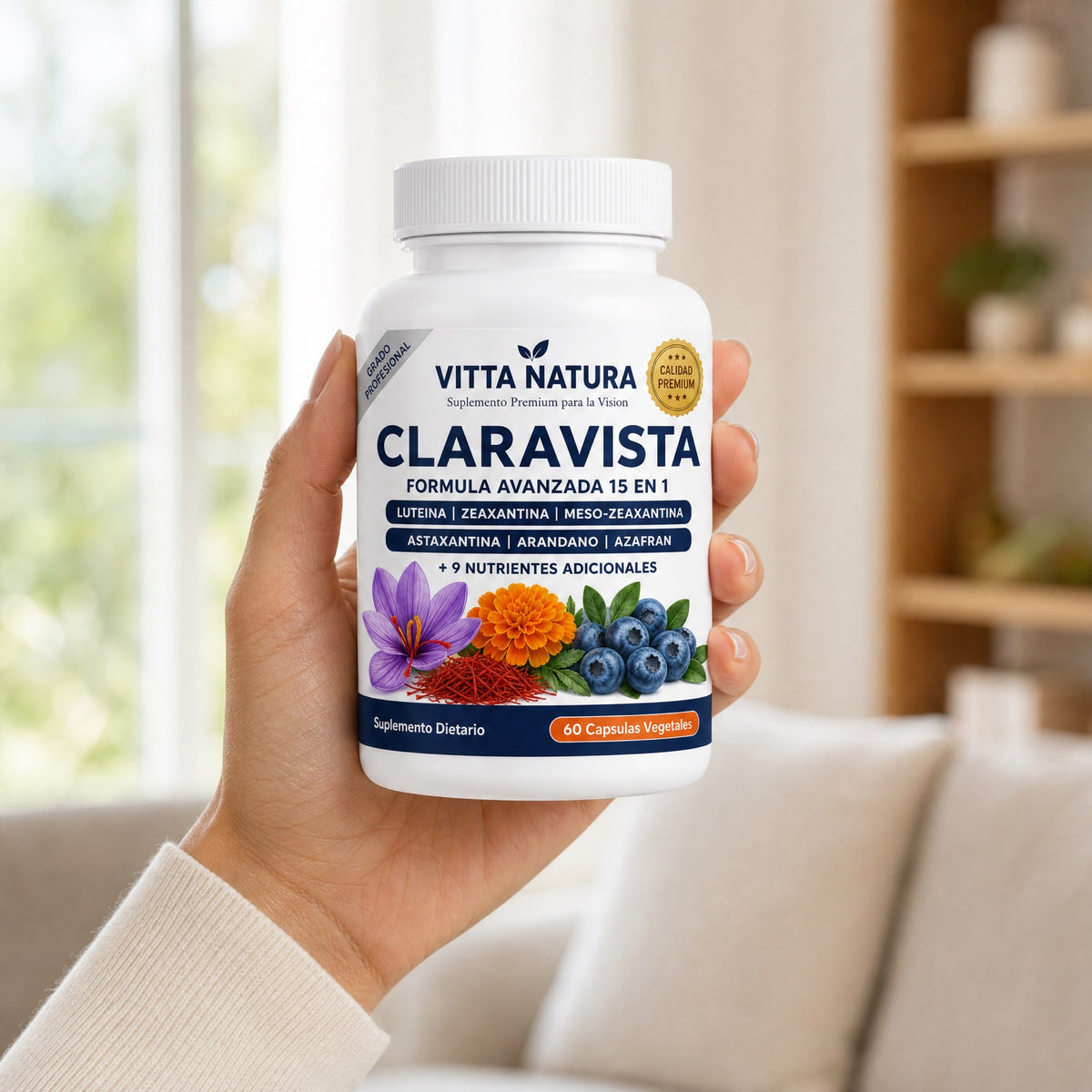 Mujer sosteniendo el frasco de Claravista en casa