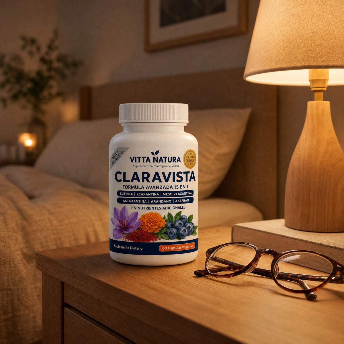 Claravista en la mesita de noche junto a unas gafas de lectura