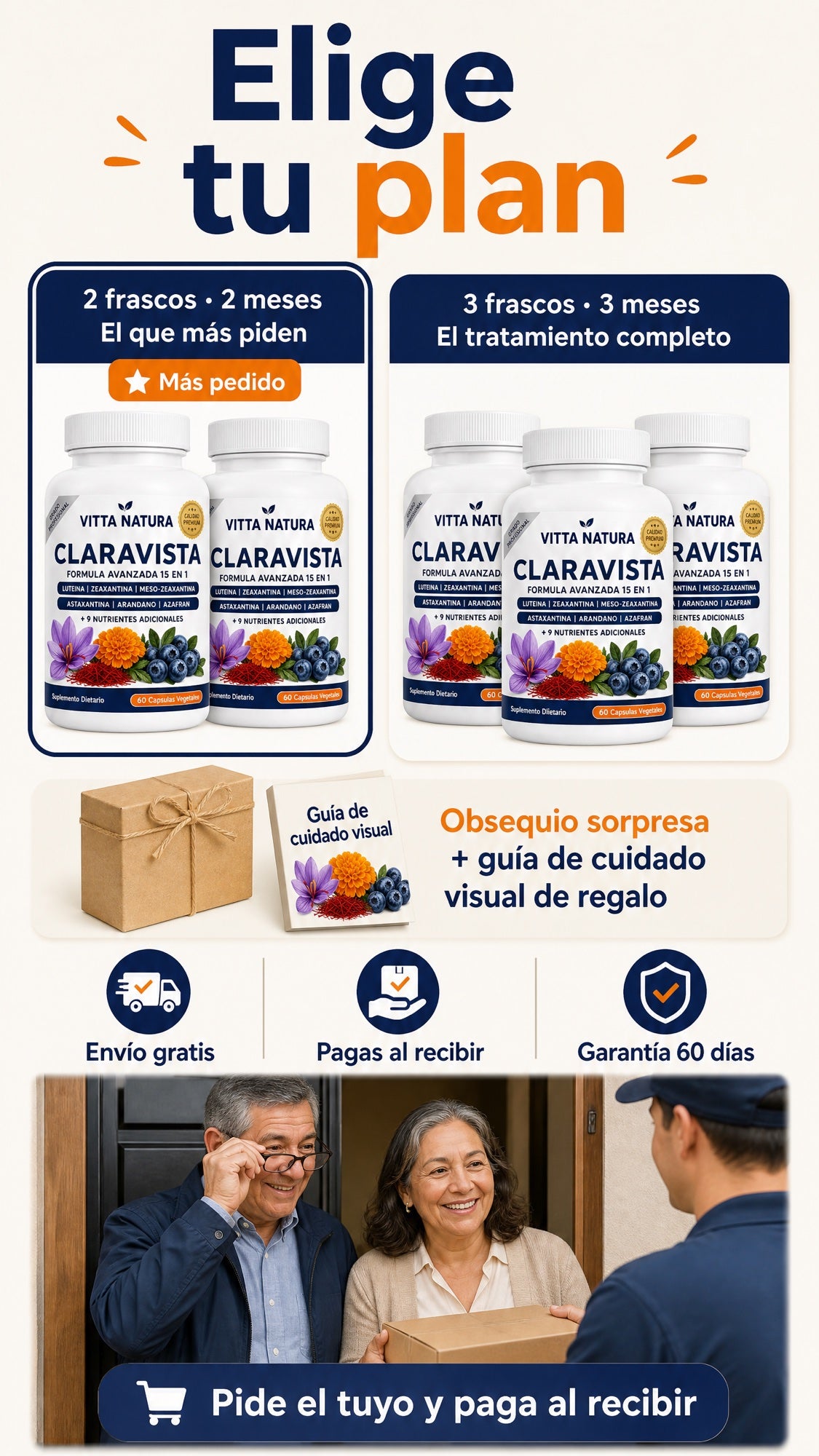 Elige tu plan: 2 frascos o 3 frascos, con obsequio sorpresa y guía de regalo