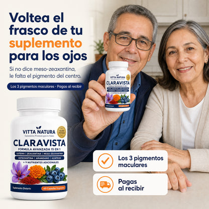 Pareja con el frasco de Claravista: voltea el frasco de tu suplemento para los ojos