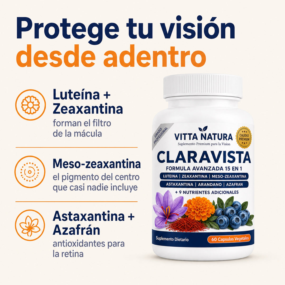 Protege tu visión desde adentro: luteína, zeaxantina, meso-zeaxantina, astaxantina y azafrán