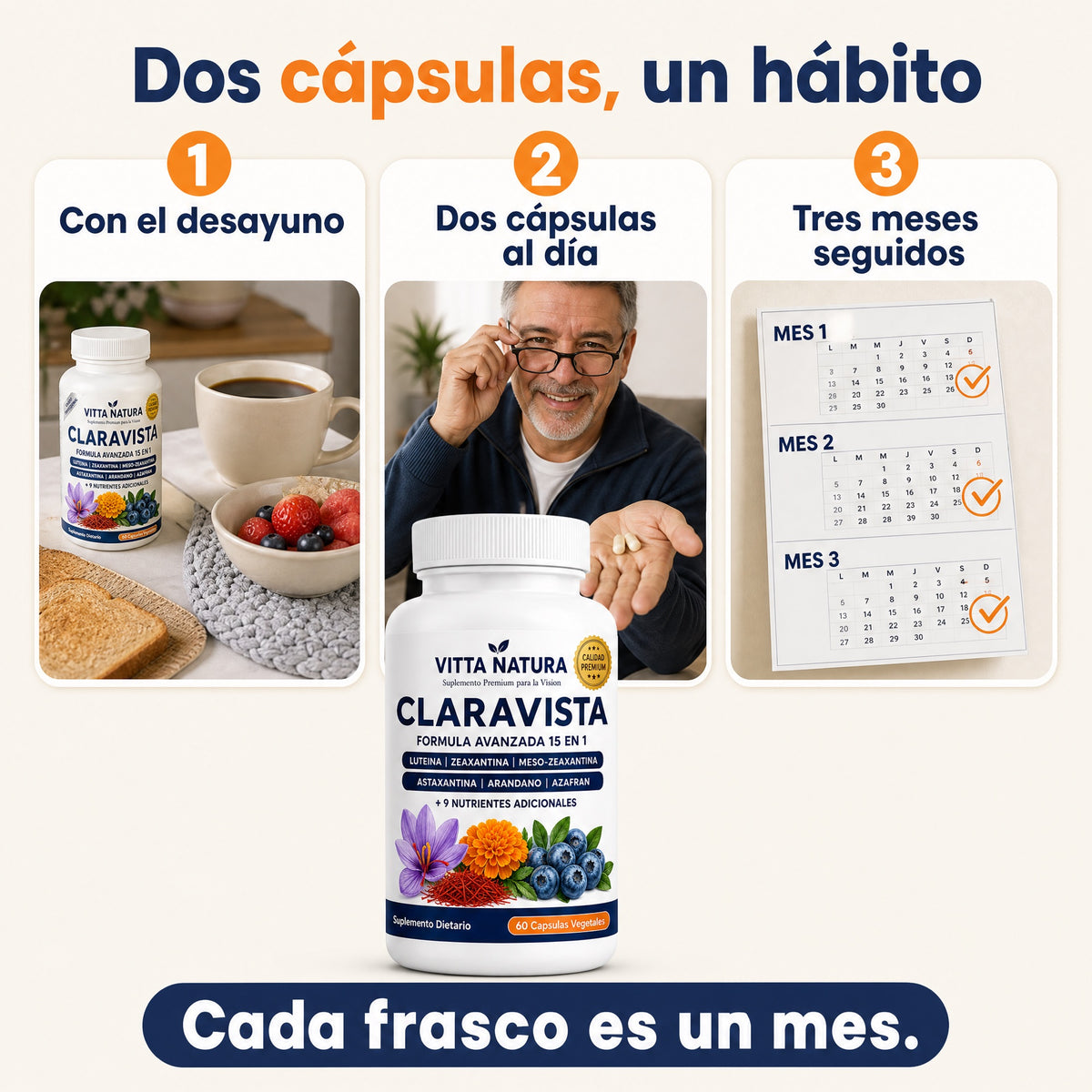 Dos cápsulas, un hábito: con el desayuno, dos al día, tres meses seguidos