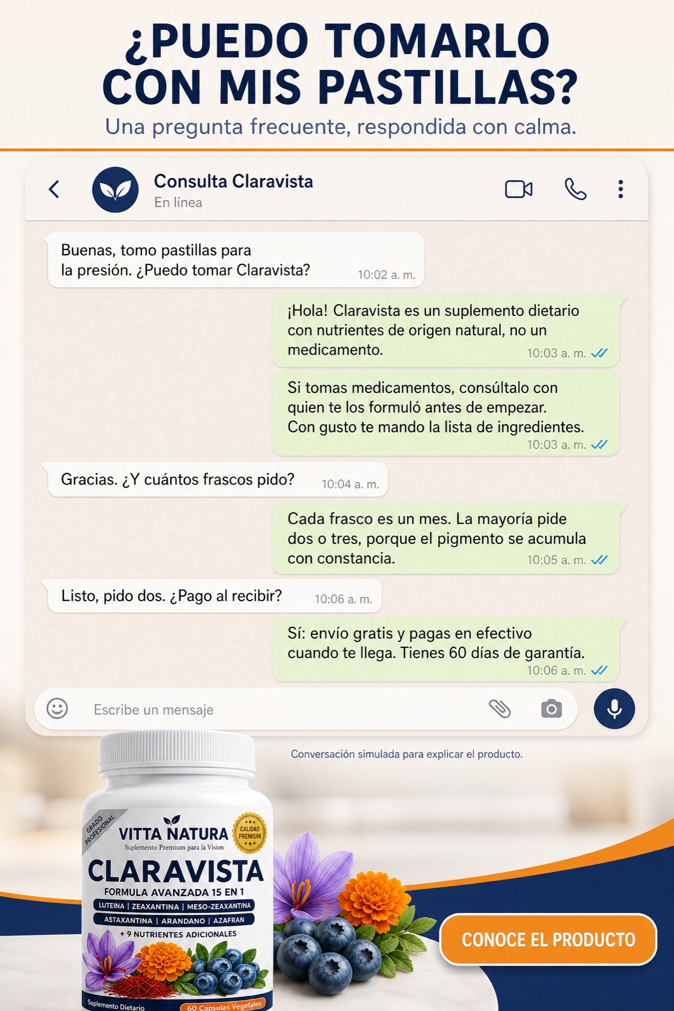 Conversación ilustrativa: ¿puedo tomarlo con mis pastillas? Respuesta de la asesora