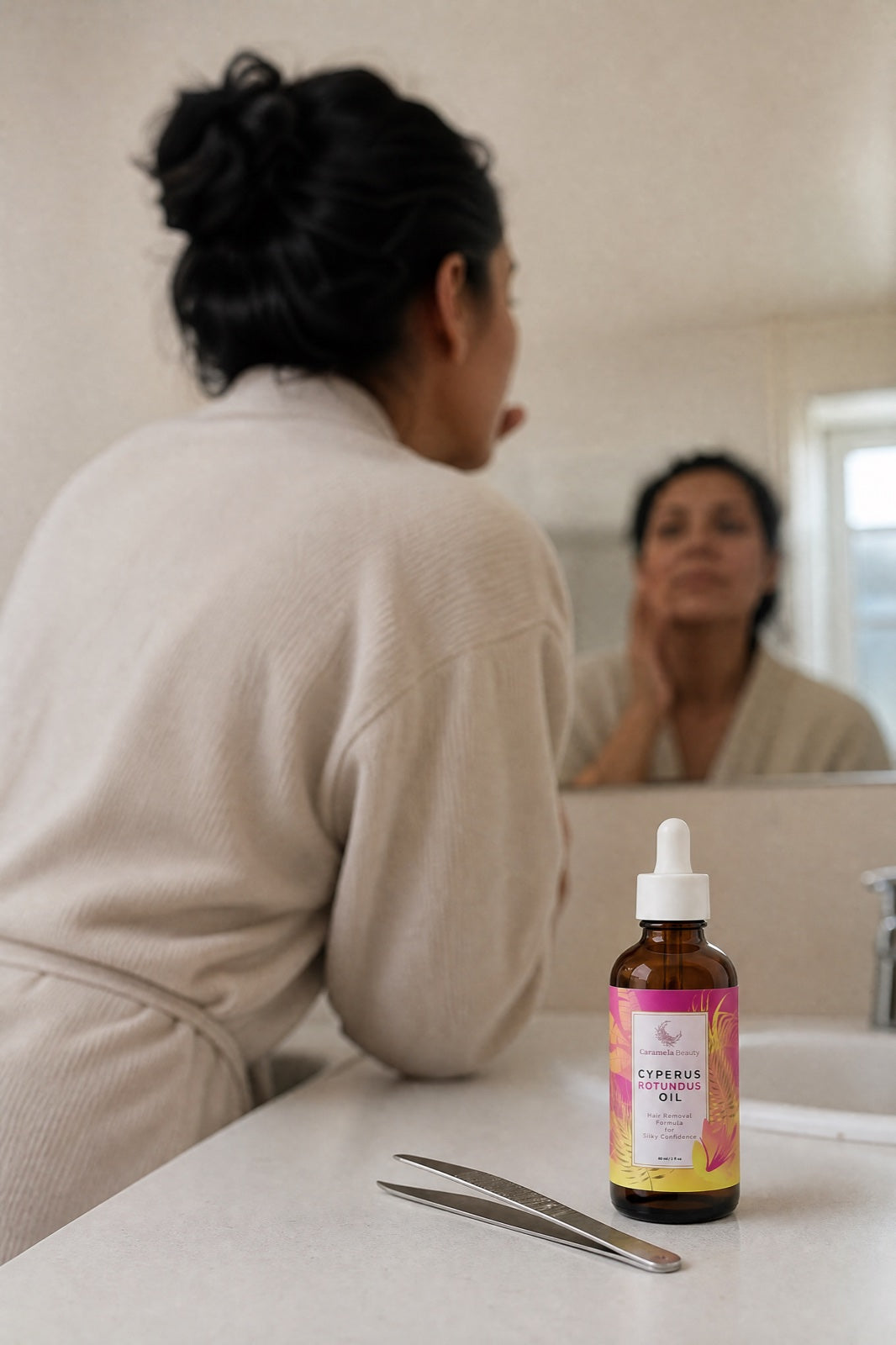 Mujer frente al espejo del baño con una pinza y el aceite de Cyperus Rotundus en el lavamanos