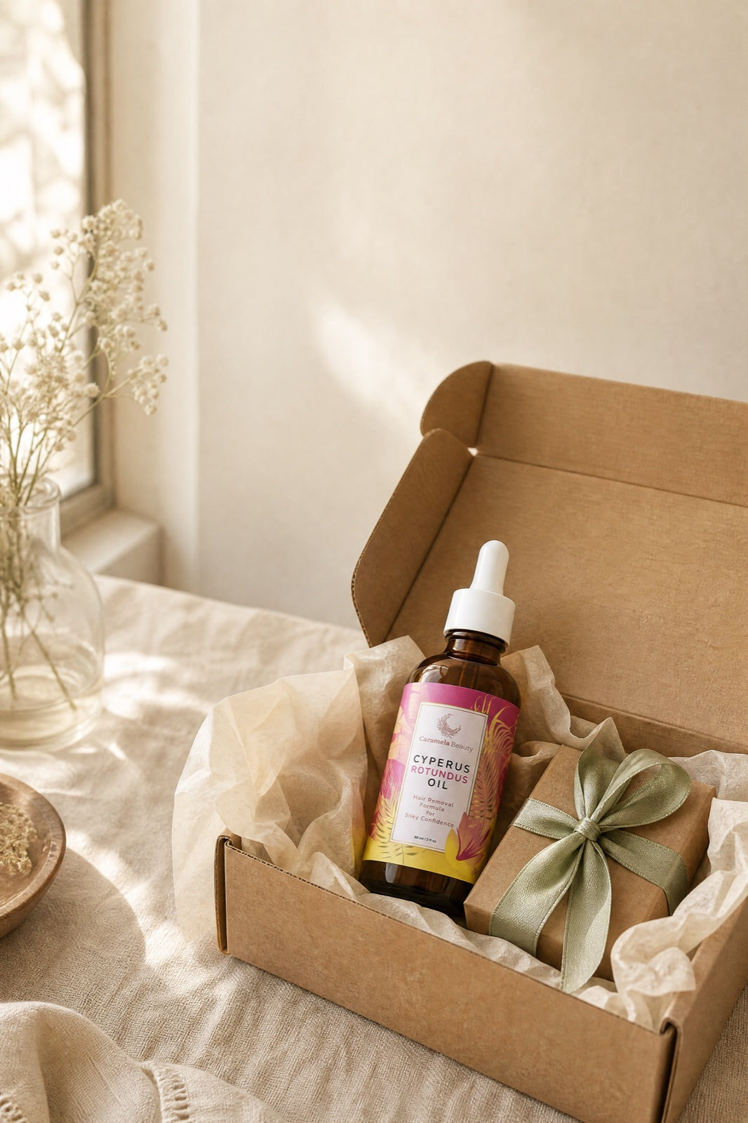 Caja de envío abierta con el aceite de Cyperus Rotundus y un obsequio envuelto
