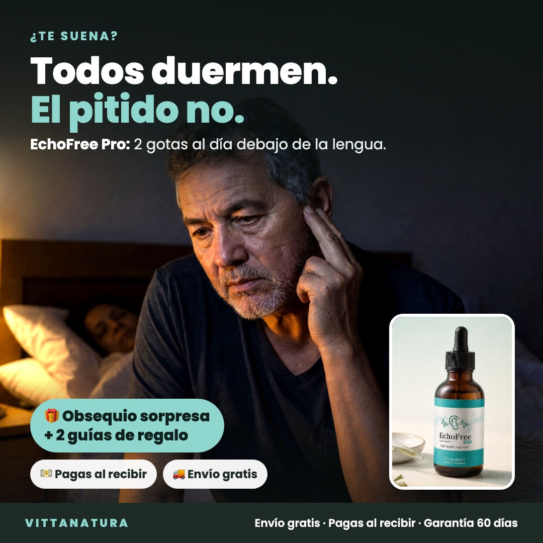 Hombre despierto de noche con la mano junto al oído mientras todos duermen. EchoFree Pro, 2 gotas al día debajo de la lengua, con obsequio sorpresa y 2 guías de regalo