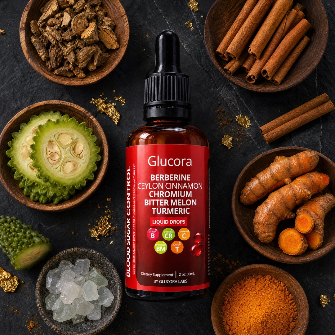 Frasco de Glucora con sus ingredientes
