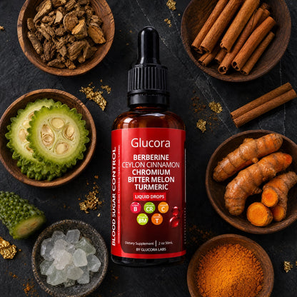 Frasco de Glucora con sus ingredientes