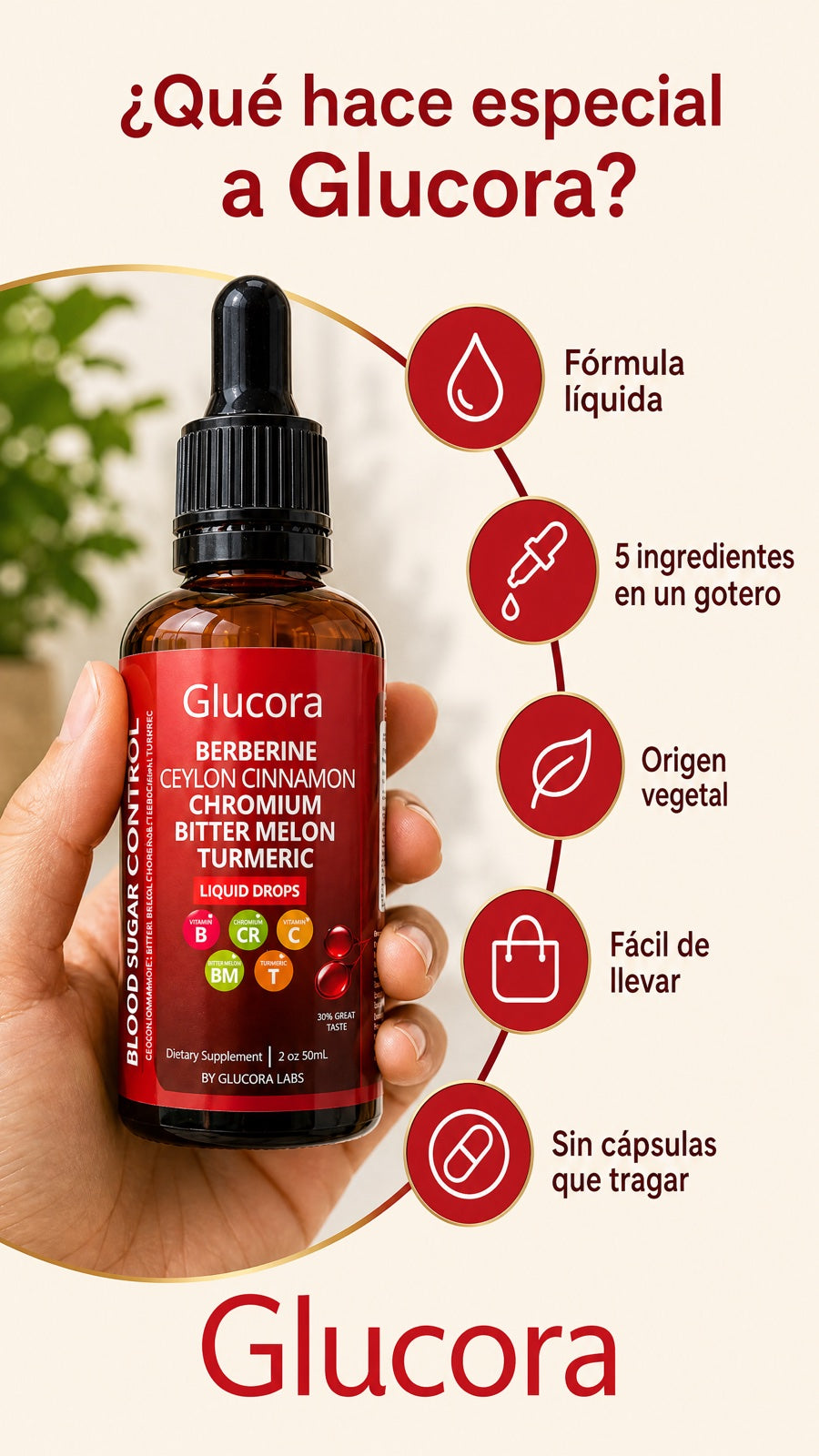 Qué hace especial a Glucora: fórmula líquida, 5 ingredientes, origen vegetal, fácil de llevar