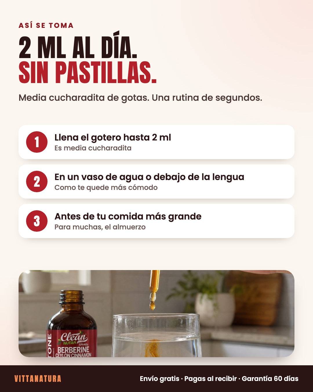 Así se toma Gluco Tone: 2 ml al día en agua o debajo de la lengua, antes de la comida más grande