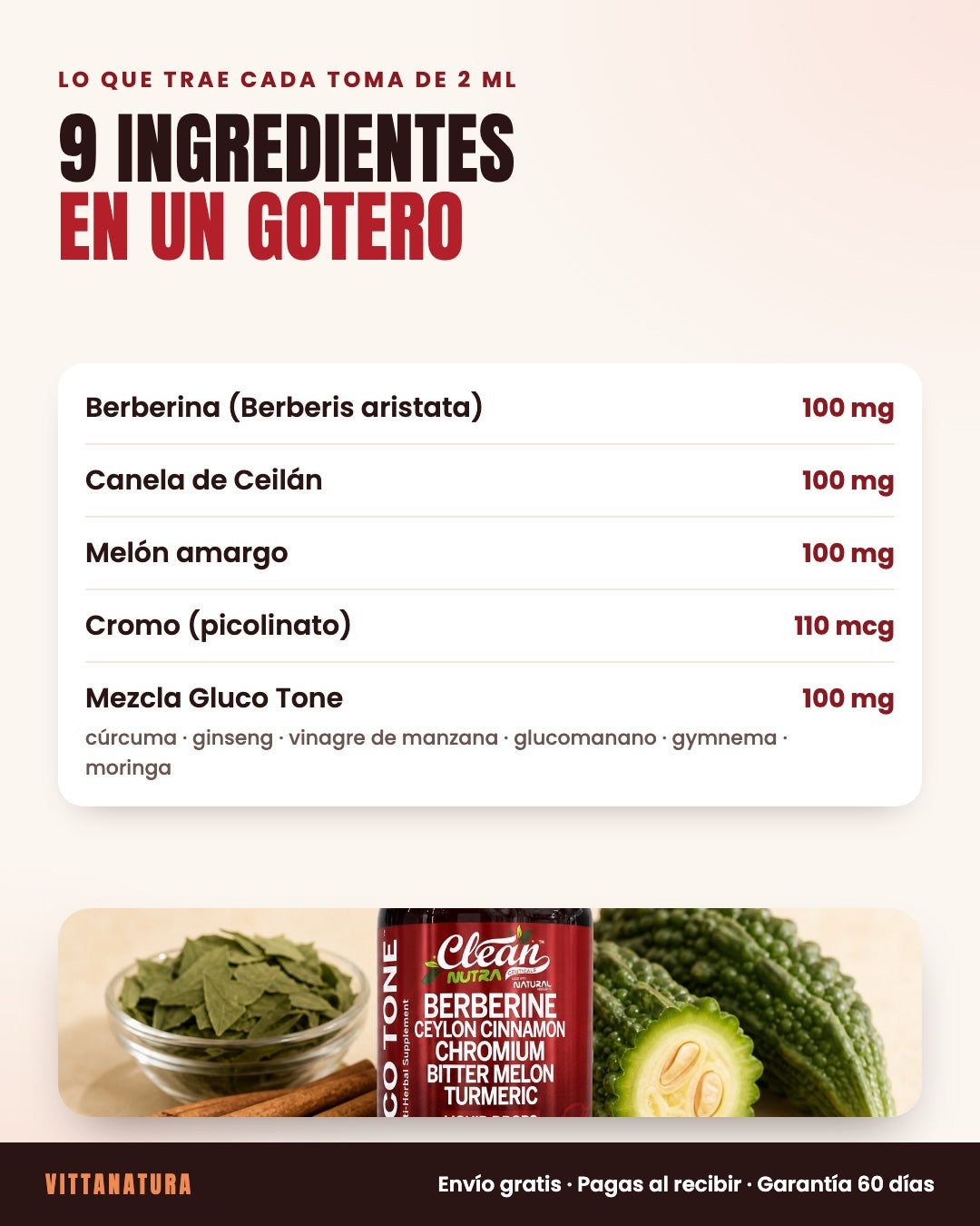 Cada toma de 2 ml: berberina 100 mg, canela de Ceilán 100 mg, melón amargo 100 mg, cromo 110 mcg y 100 mg de cúrcuma, ginseng, vinagre de manzana, glucomanano, gymnema y moringa