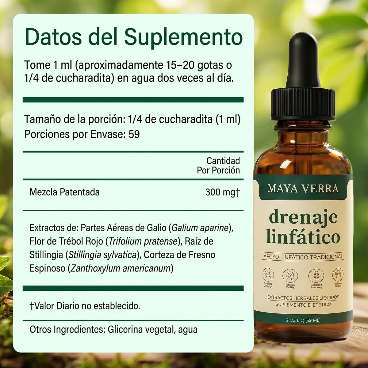 Datos del suplemento Mayaverra: 1 ml dos veces al día, mezcla patentada de 300 mg