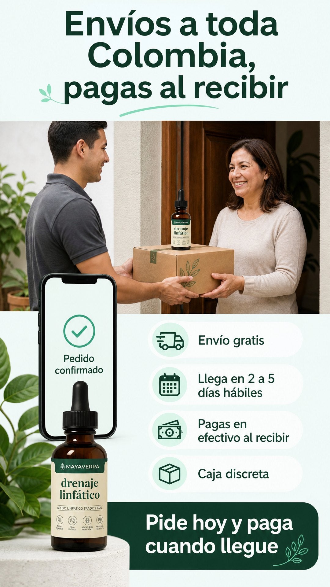 Envíos a toda Colombia, pagas al recibir: envío gratis, llega en 2 a 5 días hábiles, caja discreta
