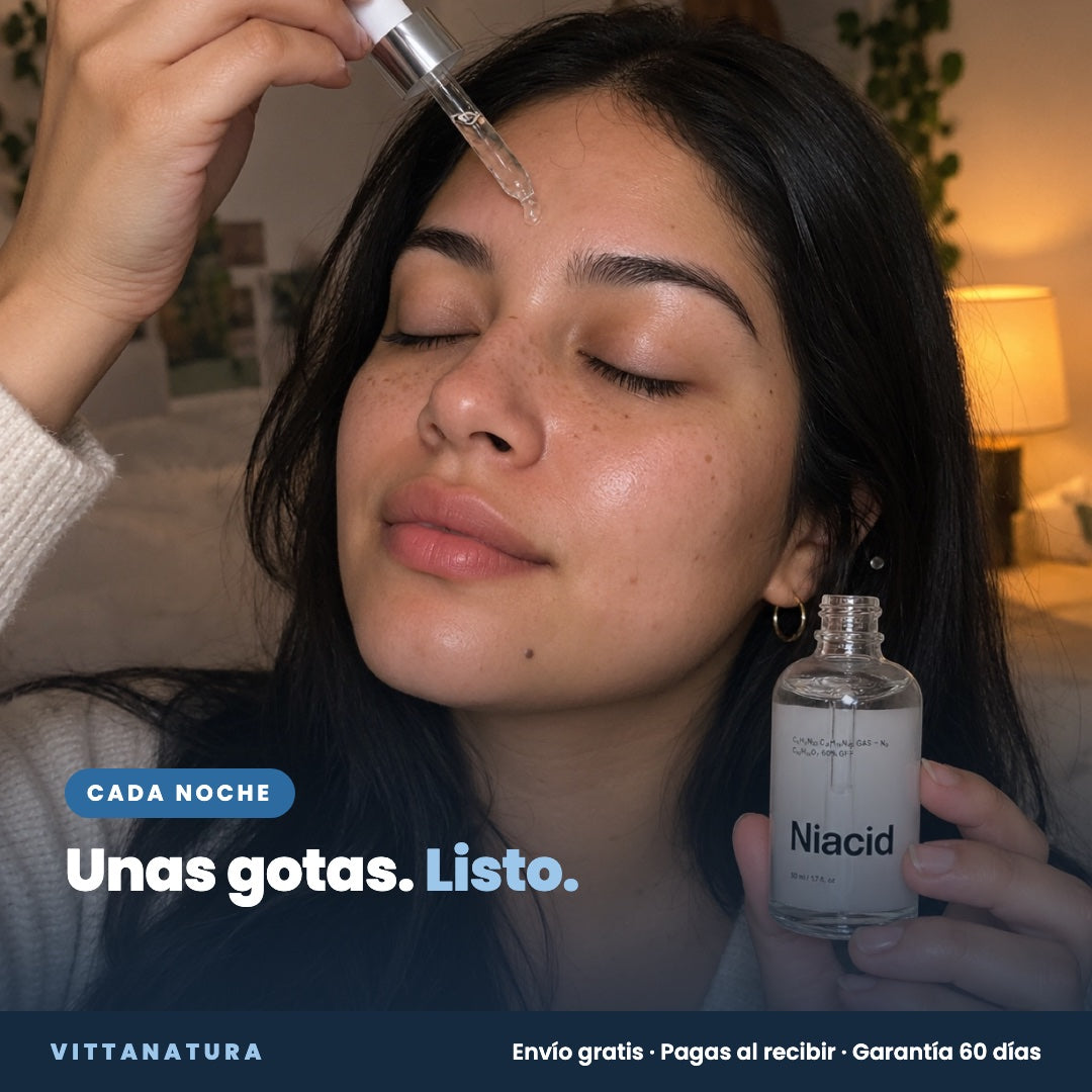 Mujer aplicando unas gotas de Niacid cada noche