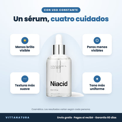 Niacid con uso constante: menos brillo visible, poros menos visibles, textura más suave, tono más uniforme