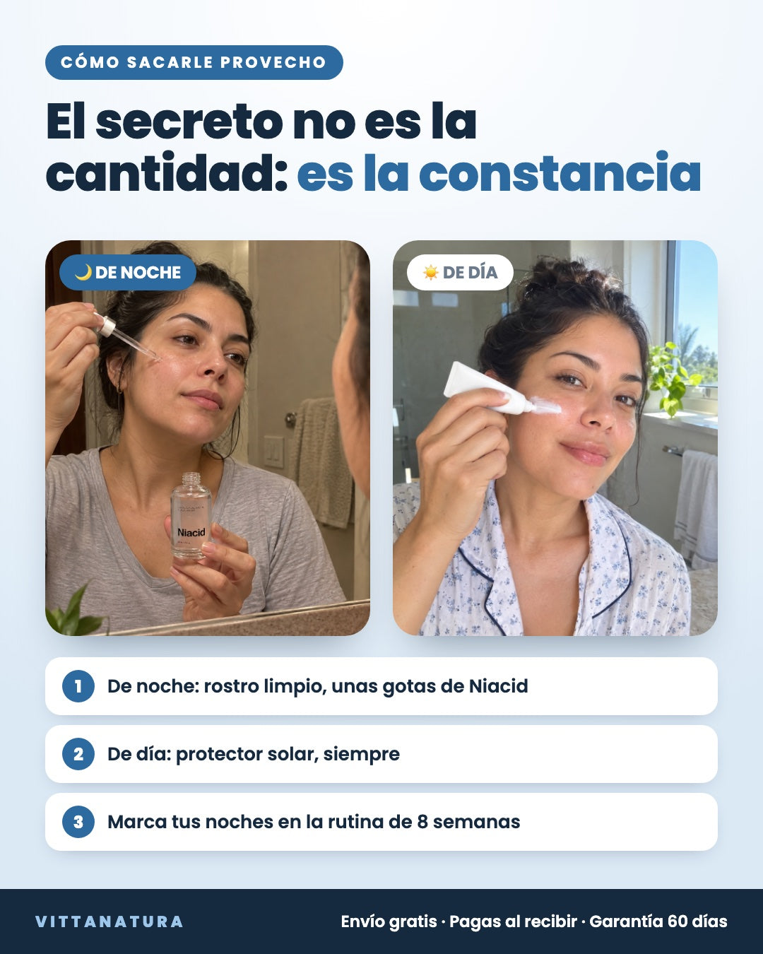 Rutina con Niacid: de noche unas gotas, de día protector solar
