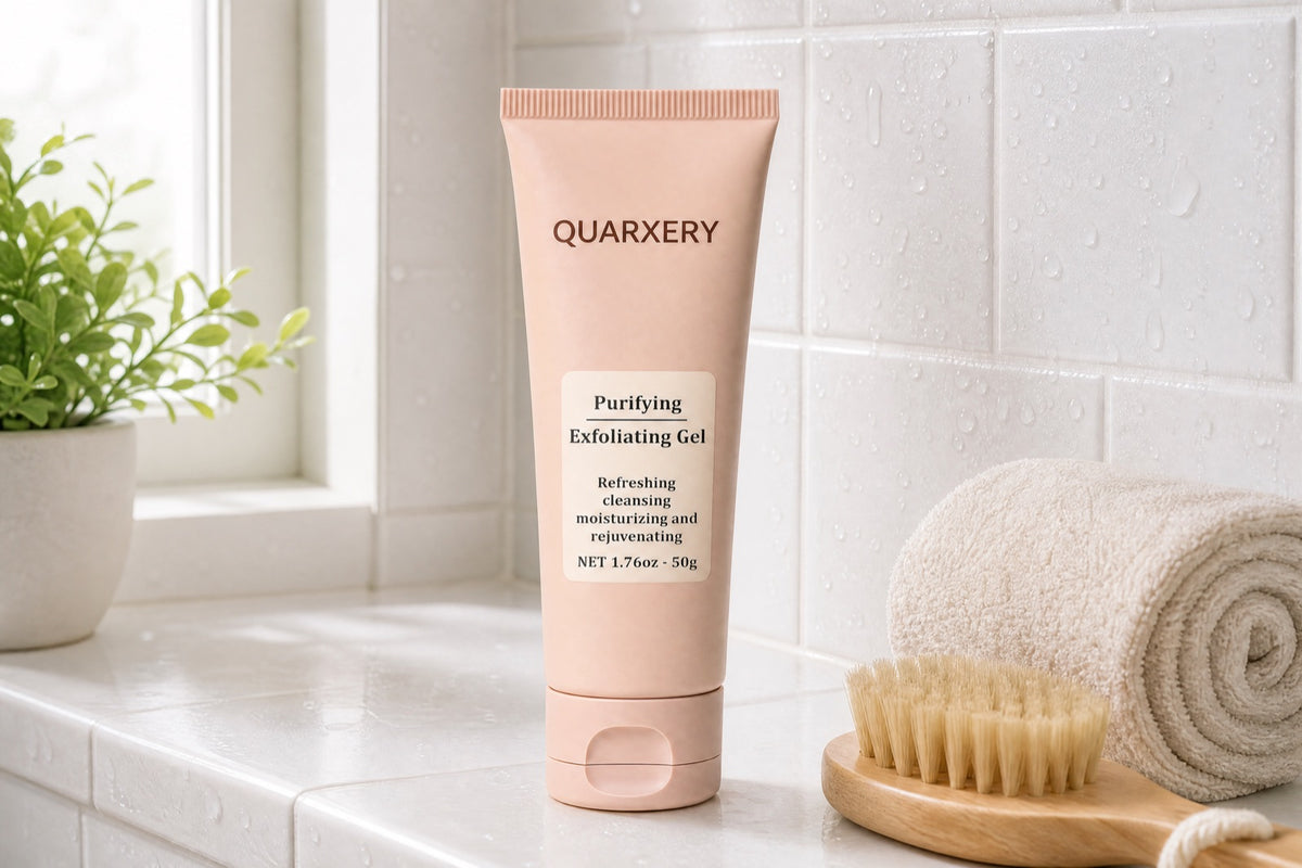 Quarxery gel exfoliante en la repisa del baño junto a una toalla